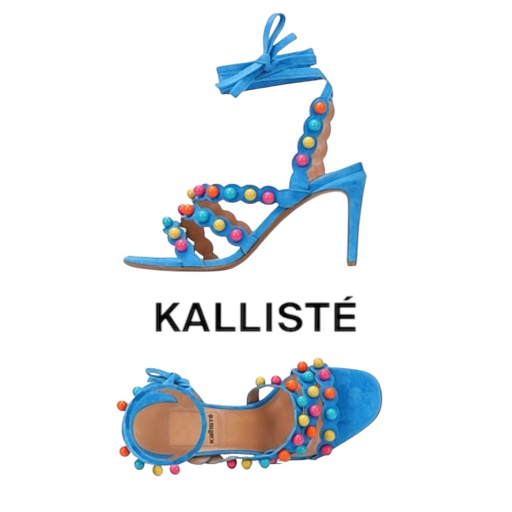 Blue Suede Multicolor Beaded Ankle-Tie Heels